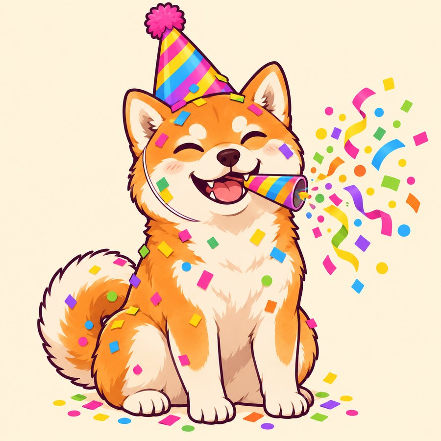 An illustrated Shiba Inu in a striped party hat, with a confetti popper in his mouth and confetti stuck in his fur.