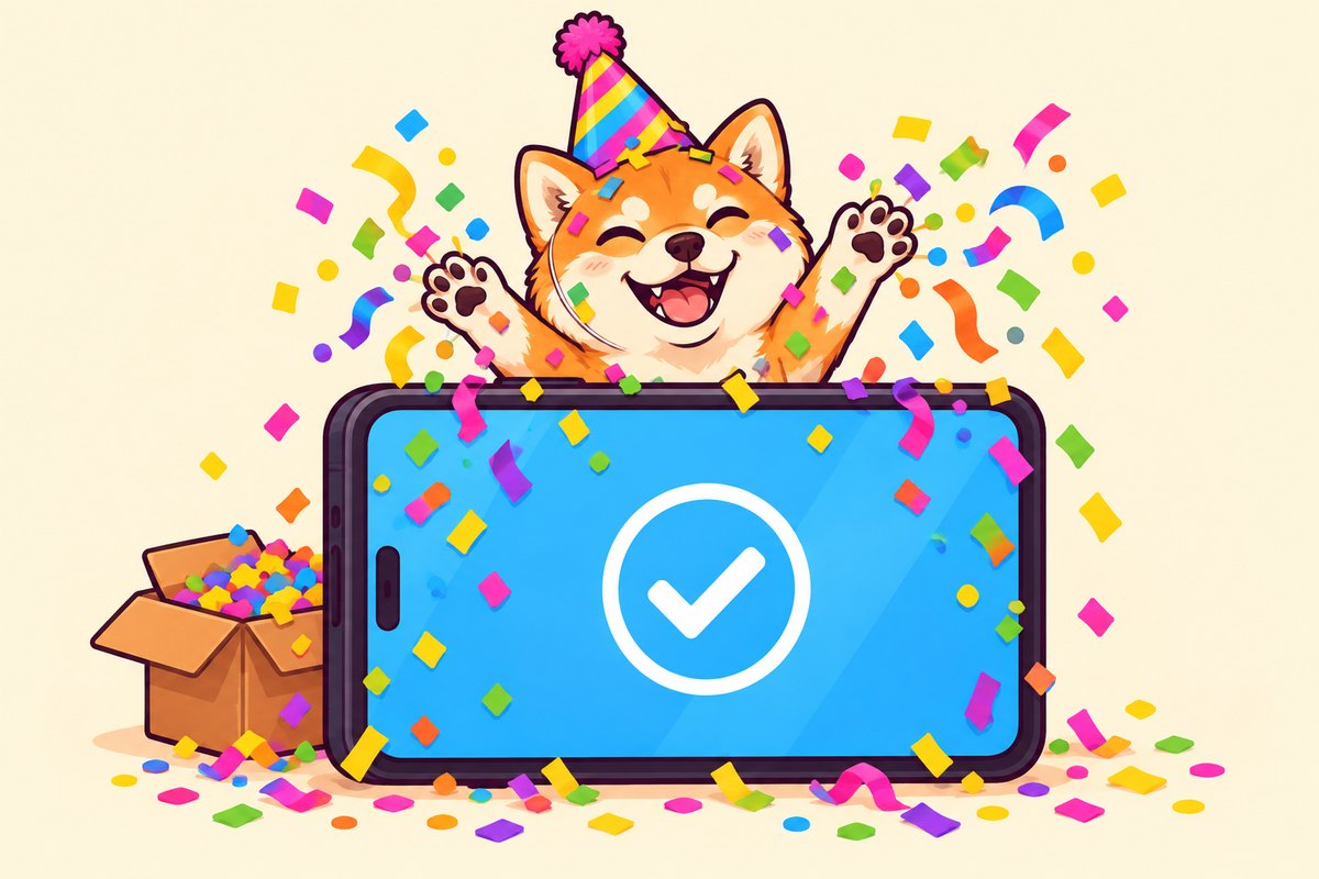 The Shiba Inu peeking over a giant phone, throwing confetti over its screen.