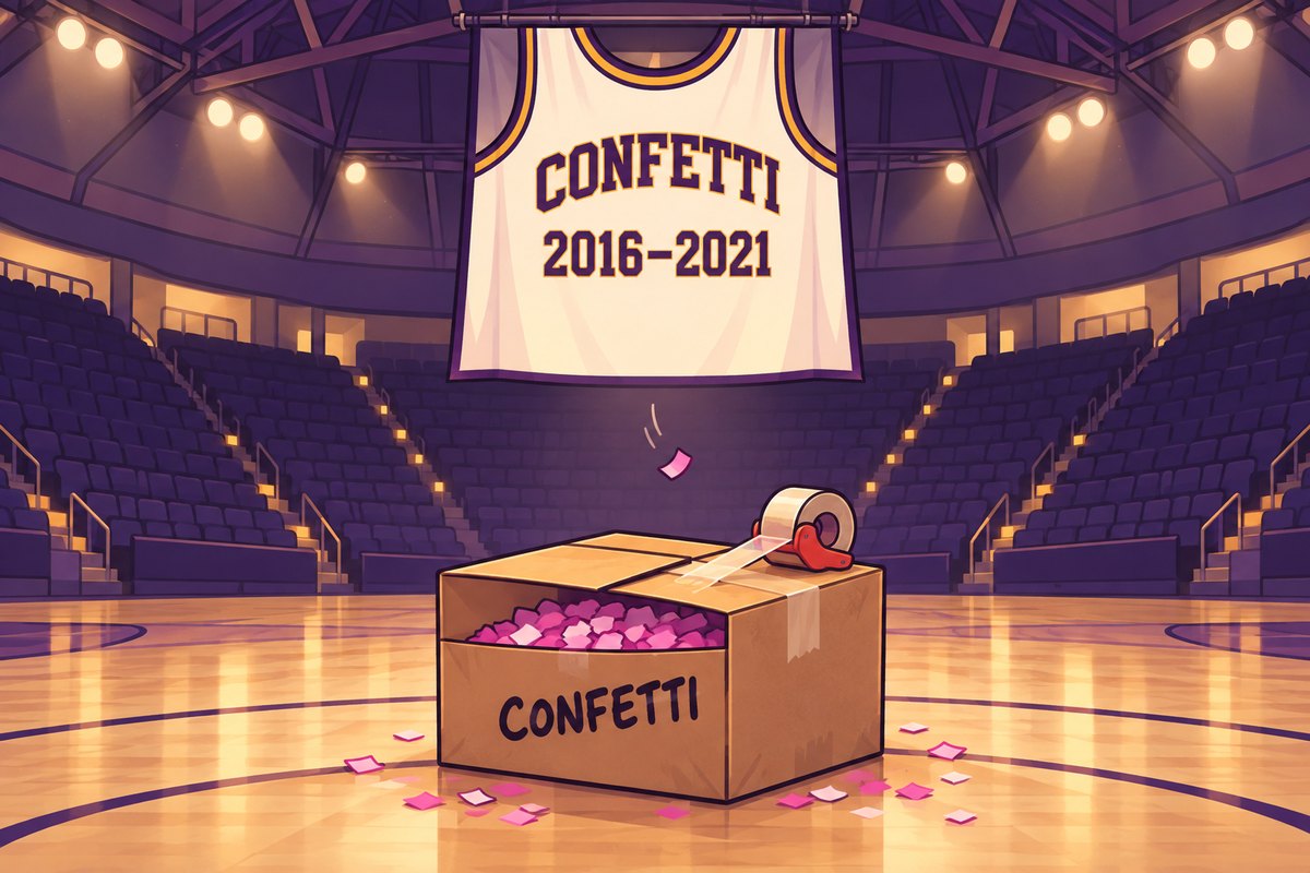 A retired jersey banner reading CONFETTI 2016–2021 above a box of confetti being taped shut.