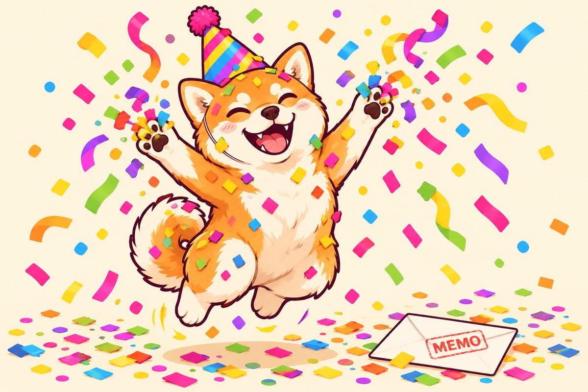 The Shiba Inu tossing confetti in an empty room, next to an unopened envelope stamped MEMO.