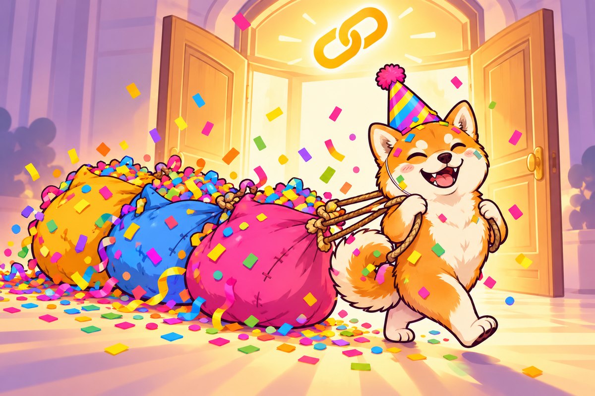 The Shiba Inu dragging three huge sacks of confetti through a glowing doorway.